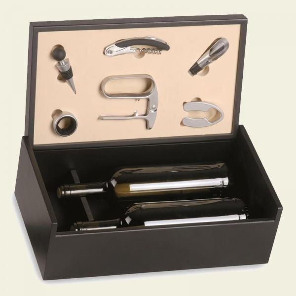 Schwarze Holzkassette für 2 Flaschen mit 6 Wein-Accessoires