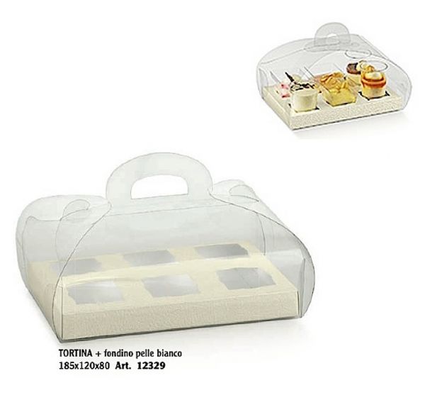 Scatole trasparenti per pasticceria TORTINA mm.185x120x80 con fondo 6 posti bianco - Pz.10